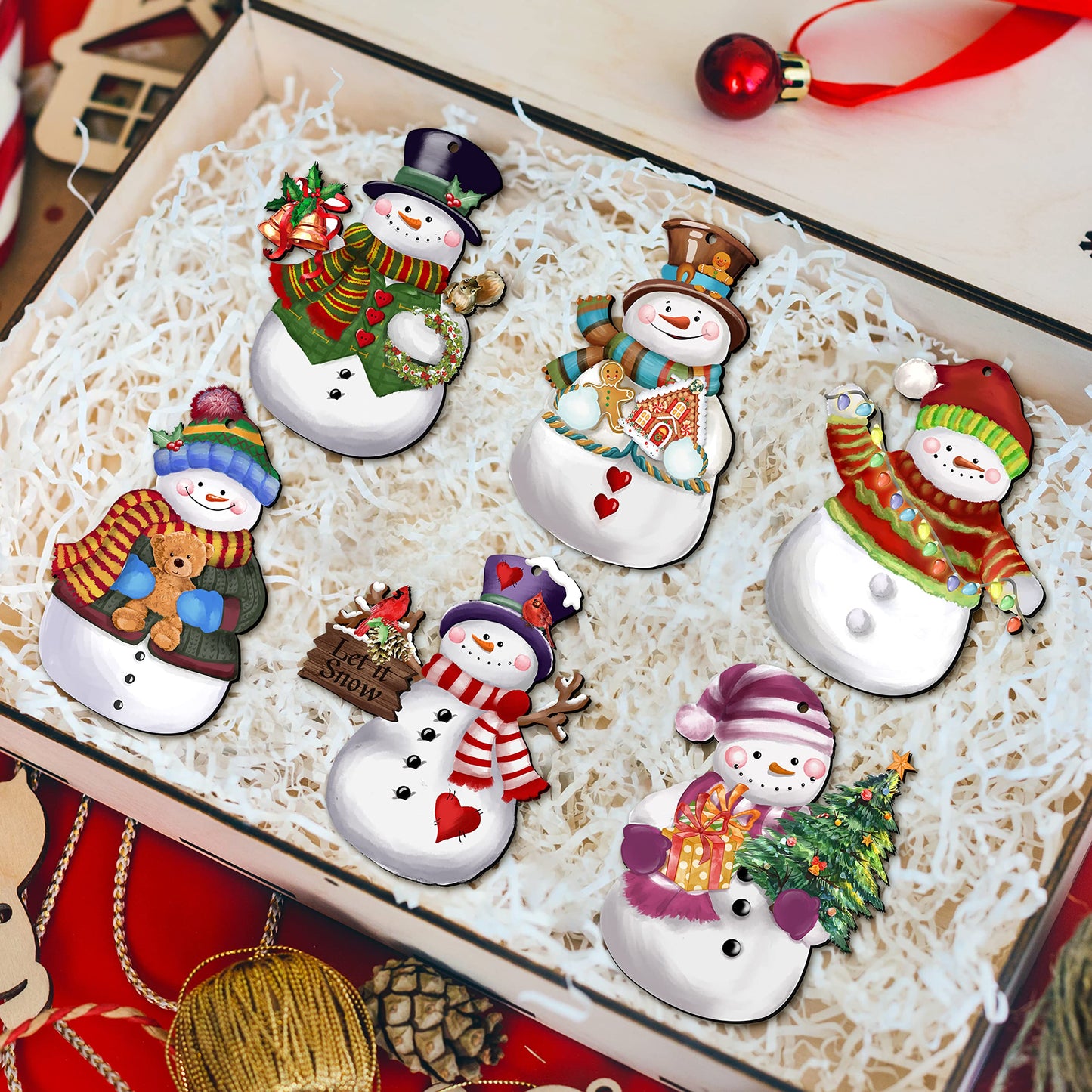 24 Pieces Christmas Snowman Wooden Ornaments Wood Hanging Decoration Set for Christmas Tree Hanging Wood Crafts Holiday Decor Xmas Party Supplies