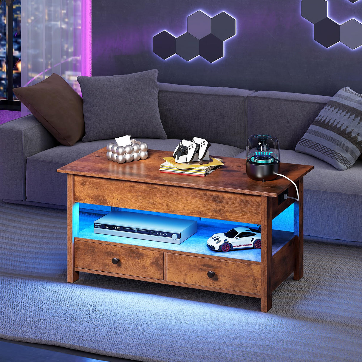 WLIVE Coffee Table, Lift Top Coffee Table with 2 Drawers, LED Light, Large Hidden Compartment and Open Shelf, Lift Tabletop, Dining Table for Living Room, Rustic Brown WLIVE