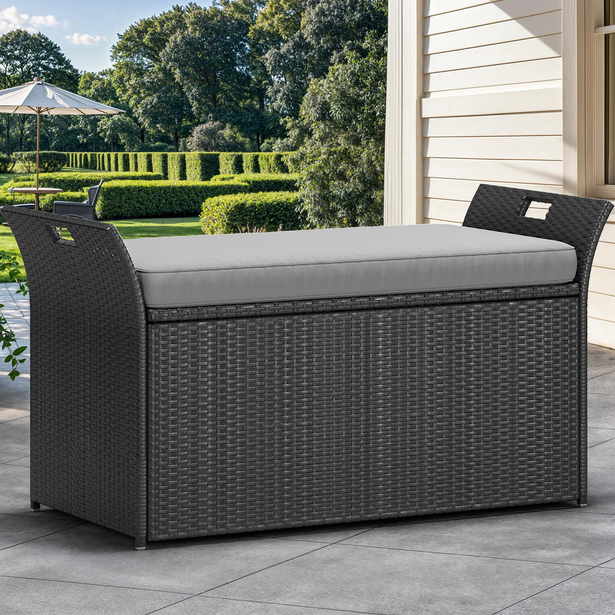 YITAHOME 90 Gallon Outdoor Wicker Storage Bench w/Cushion, Large PE Rattan Deck Storage Box w/Handles & Hydraulics for Patio Furniture, Cushions, Garden Tools, Pool & Sports Equipment, Black&Grey YITAHOME