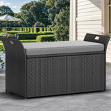 YITAHOME 90 Gallon Outdoor Wicker Storage Bench w/Cushion, Large PE Rattan Deck Storage Box w/Handles & Hydraulics for Patio Furniture, Cushions, Garden Tools, Pool & Sports Equipment, Black&Grey YITAHOME