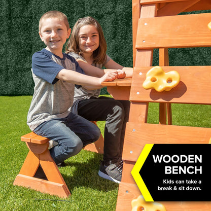 Sportspower Scottsdale Wood Swing Set: 2 Adjustable Swings, Sandbox, Rock Climber, Covered Deck, 1 Slide - Exceeds ASTM Safety Standards - WoodArtSupply