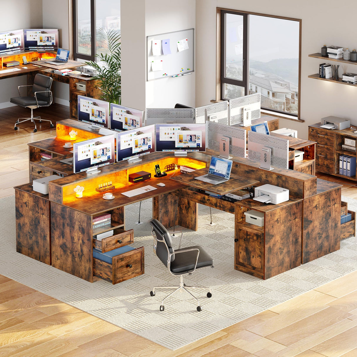 YITAHOME L Shaped Desk with Power Outlets & LED Lights, 60” Corner Computer Desk with Drawers & Lift Top, Home Office Desk with Monitor Stand & File Cabinet, Wood Height Adjustable Desk, Rustic Brown YITAHOME