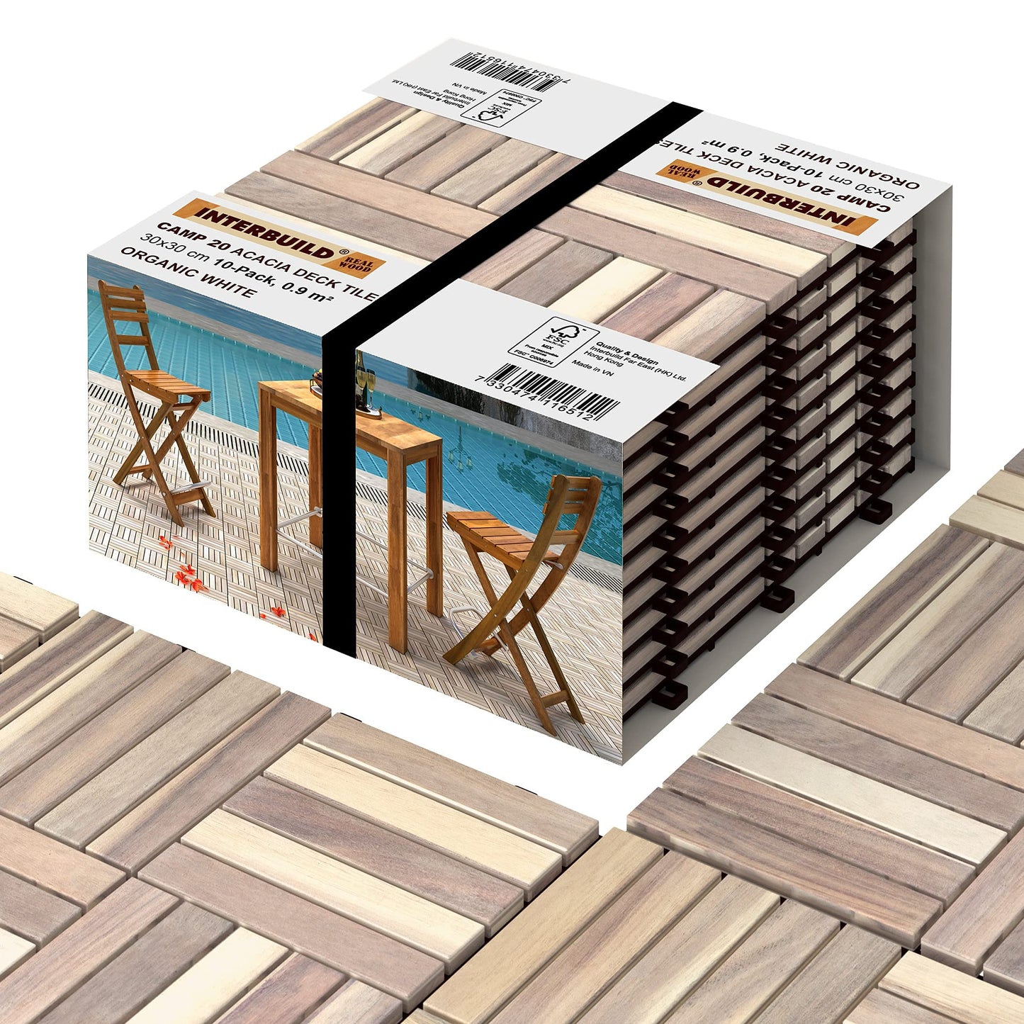 Acacia Hardwood Interlocking Patio Deck Tiles, 12" × 12" (Pack of 10), Easy to Install Floor Tile for Both Indoor & Outdoor Use - Organic White