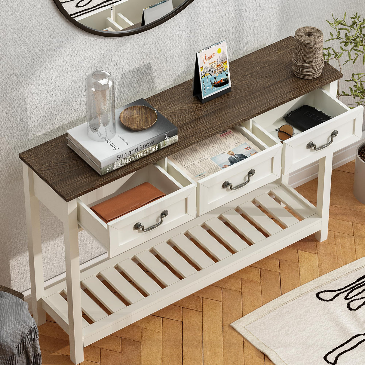 ChooChoo 47" Farmhouse Console Table with 3 Drawers, Rustic Entryway Table, Narrow Long Sofa Table for Living Room, Hallway, Behind Couch, Soft White and Brown ChooChoo