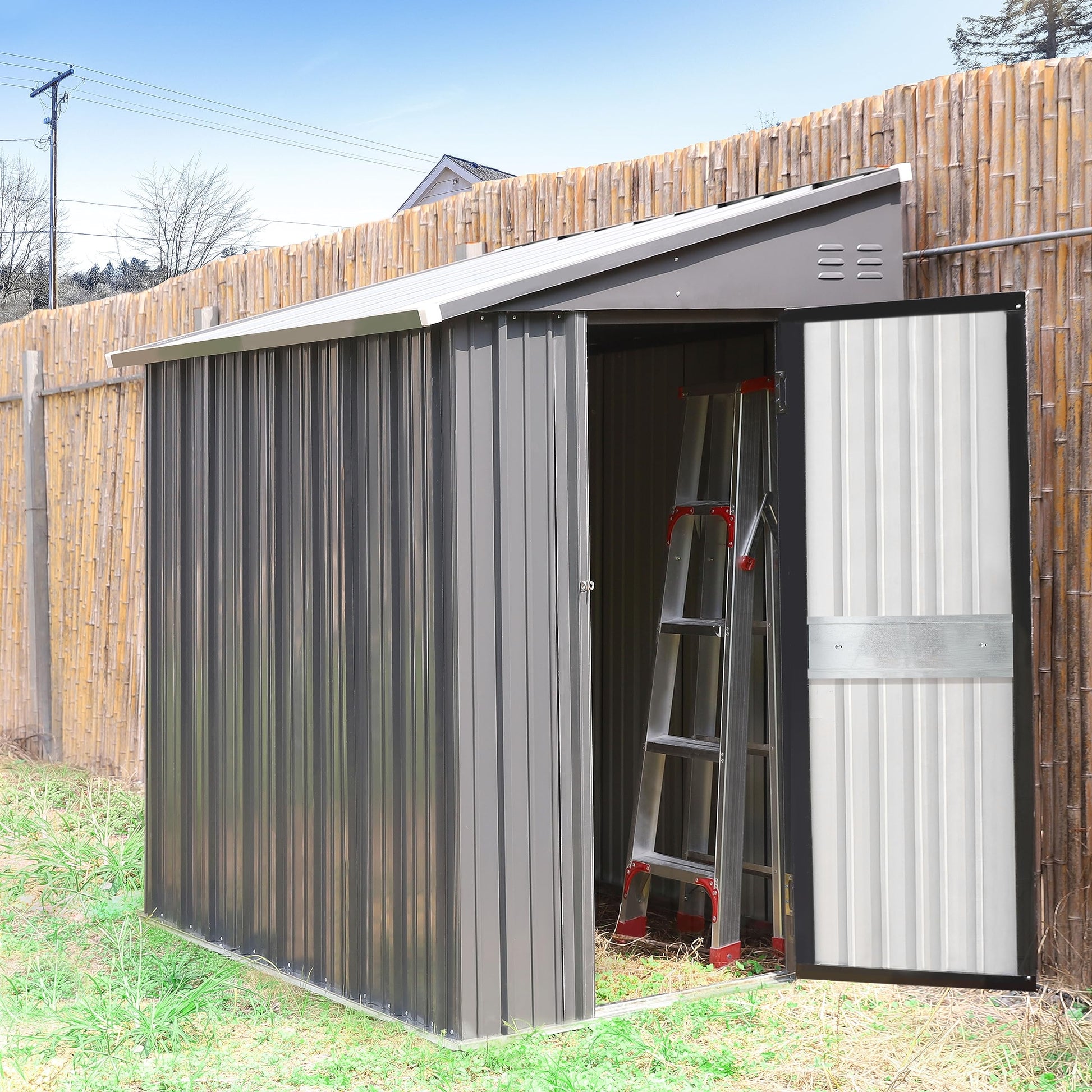 VEIKOU 4' x 8' Outdoor Storage Shed, Lean-to Shed Kit with Thickened Galvanized Steel, Small Metal Shed with Lockable Door, Patio Garden Tools Shed Utility Bike Storage w/Air Vents, Grey & Bl - WoodArtSupply