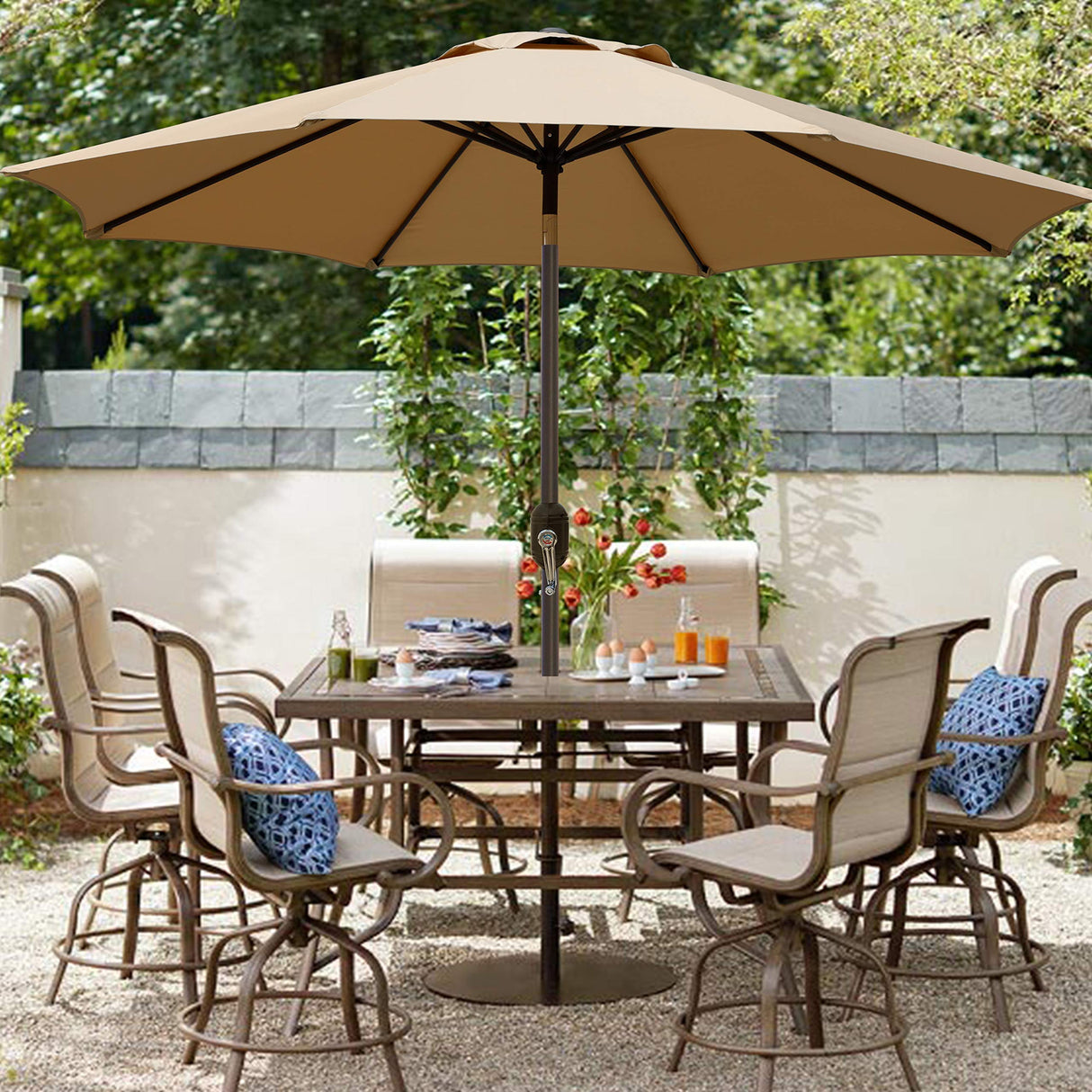 Blissun 9' Outdoor Patio Umbrella, Outdoor Table Umbrella, Yard Umbrella, Market Umbrella with 8 Sturdy Ribs, Push Button Tilt and Crank (Tan) Blissun