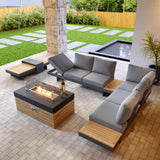 homary 6 Piece Aluminum & Teak Outdoor Sofa Set, Patio Conversation Sets Modular Outdoor Sofa with Fire Pit, Glass Wind Guard Ideal for Patios & Balconies homary