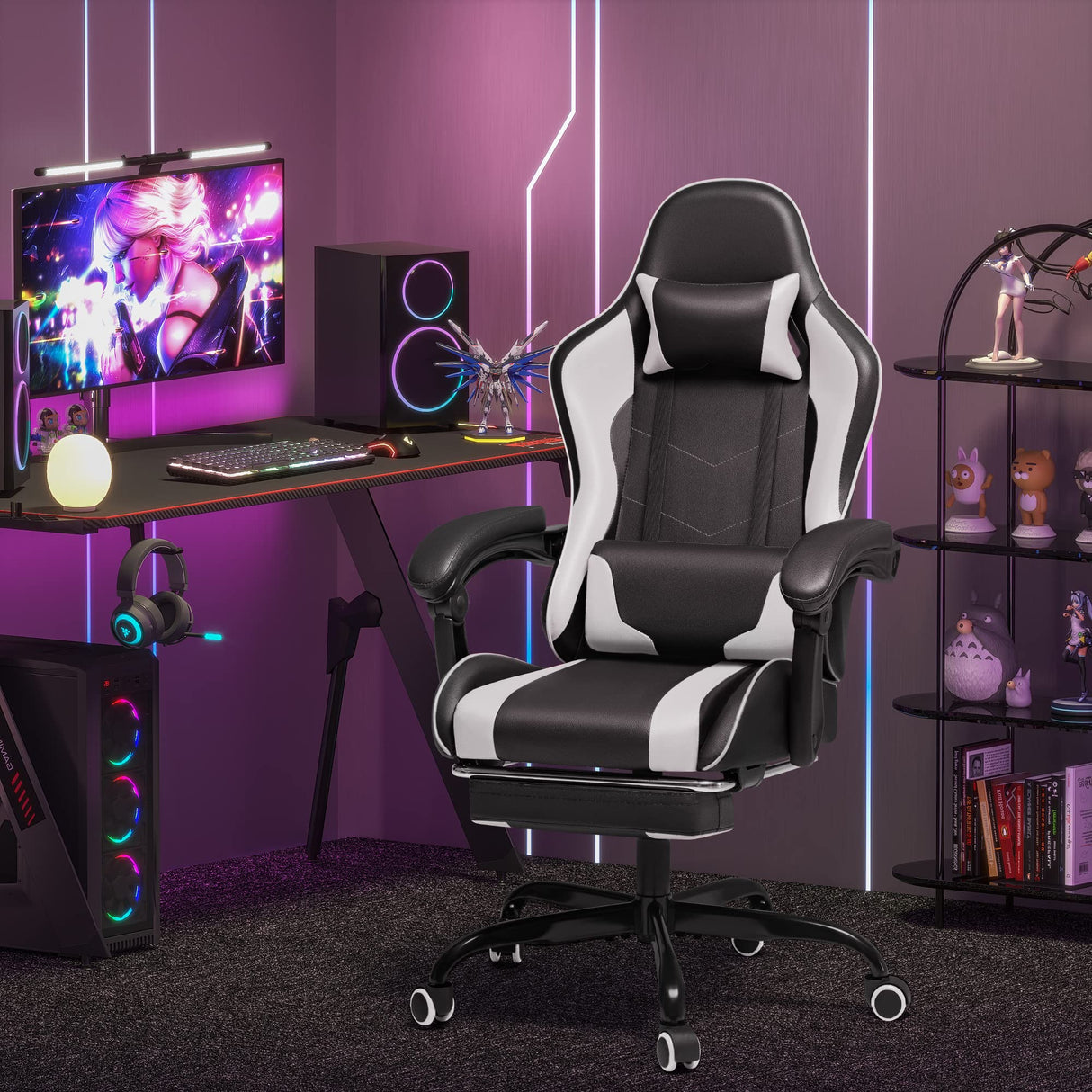 Homall Gaming Chair, Video Game Chair with Footrest and Massage Lumbar Support, Ergonomic Computer Chair Height Adjustable with Swivel Seat and Headrest (White) Homall