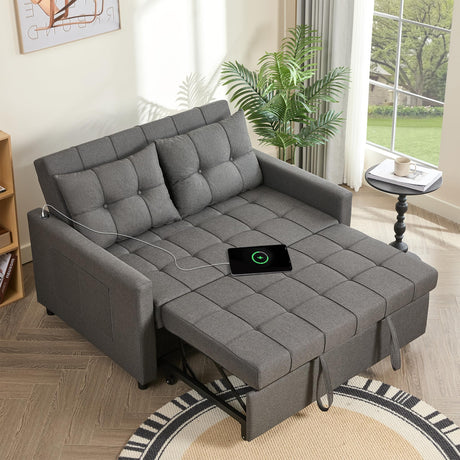 52" Sleeper Sofa with Pull-Out Bed, 3-in-1 Convertible Sofa Bed, Loveseat with Stepless Adjustable Backrest and Side Pocket, for Living Room Dorm Apartment, Linen, Dark Gray GOSUHI
