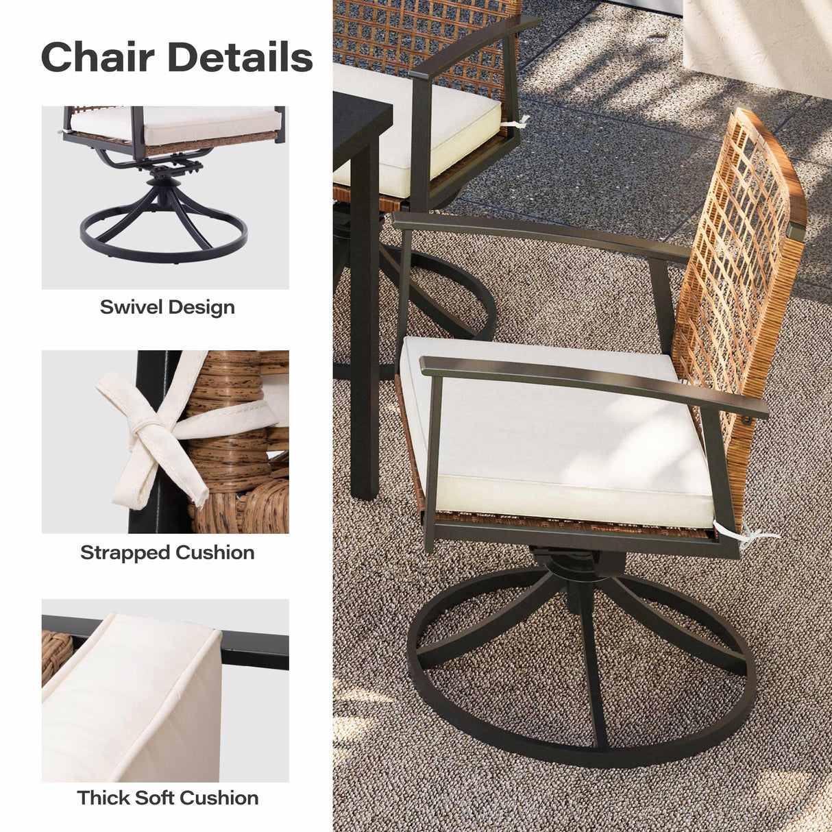 LAUSAINT HOME 7 Pieces Patio Dining Set, Outdoor Furniture Set of 6 Swivel Chairs with Soft Cushion and Iron Slats Table Top with Umbrella Hole, Conversation Set for Backyard LAUSAINT HOME