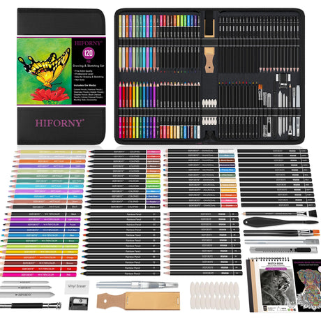 HIFORNY 120 PCS Drawing Set Sketching Kit, Art Supplies with 3-Color Sketchbook,Coloring Book,Rainbow,Colored,Watercolor,Metallic,Graphite,Black & Colored Charcoal Pencils,Blending Tools and More HIFORNY