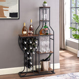 PAUKIN 5 Tier Freestanding Wine Rack with Hanging Wine Glass Holder and Organizer, Wine Storage Home Bar. 11 Bottle Wine Grill for Kitchen, Dining Room., Antique Brown. (Metal & Wood, Antique Brown) PAUKIN