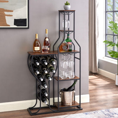 PAUKIN 5 Tier Freestanding Wine Rack with Hanging Wine Glass Holder and Organizer, Wine Storage Home Bar. 11 Bottle Wine Grill for Kitchen, Dining Room., Antique Brown. (Metal & Wood, Antique Brown)