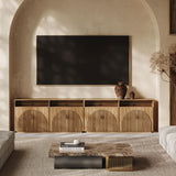 BELLEZE 65 Inch Fluted TV Stand, Mid Century Modern Entertainment Center with Storage Cabinets & Open Shelves, Media Console TV Cabinet with Adjustable Shelves for Living Room, Caramel Brown BELLEZE