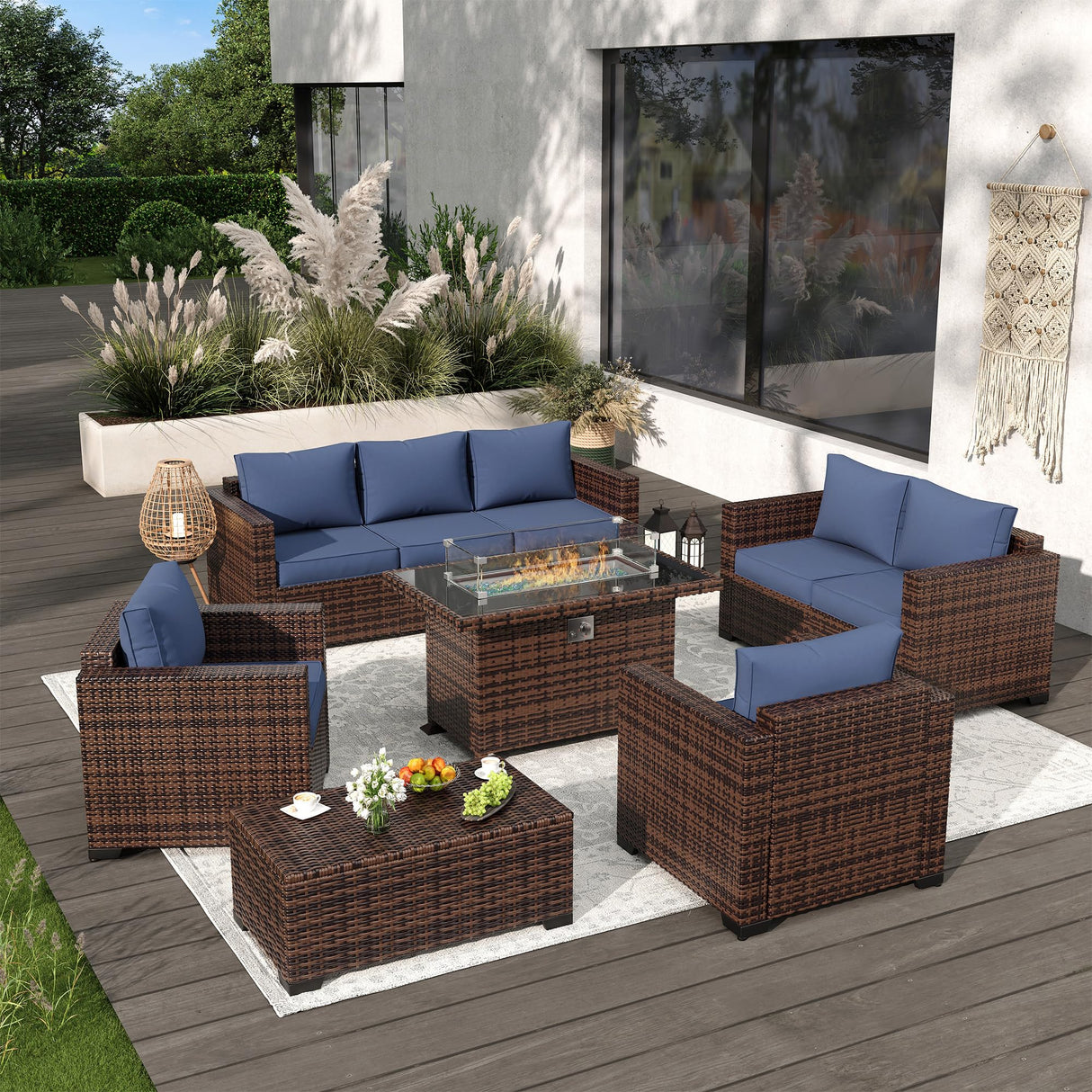 Amopatio Patio Furniture Set with Fire Pit Table, 6 Pieces Outdoor Oversized Sectional Couch Wicker Patio Armrest Sofa, 44" Fire Pit Conversation Sets with Storage Table, Waterproof Cover (Navy) Amopatio