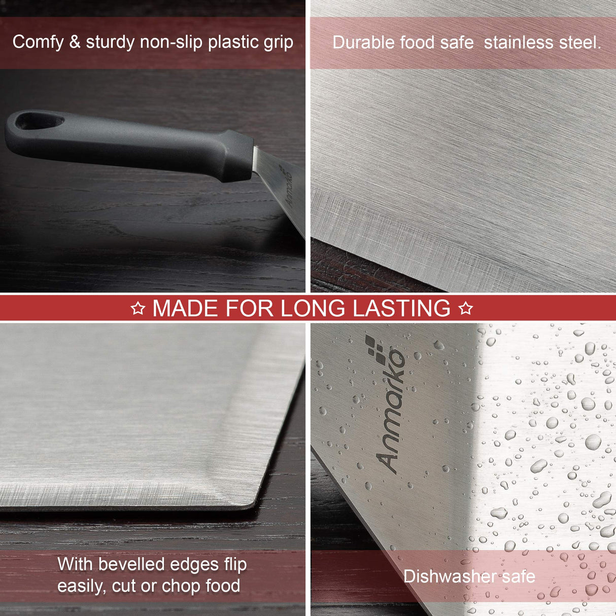 Metal Spatula Stainless Steel and Scraper - Professional Chef Griddle Spatulas Set of 3 - Heavy Duty Accessories Great for Cast Iron BBQ Flat Top Grill Skillet Pan - Commercial Grade Anmarko