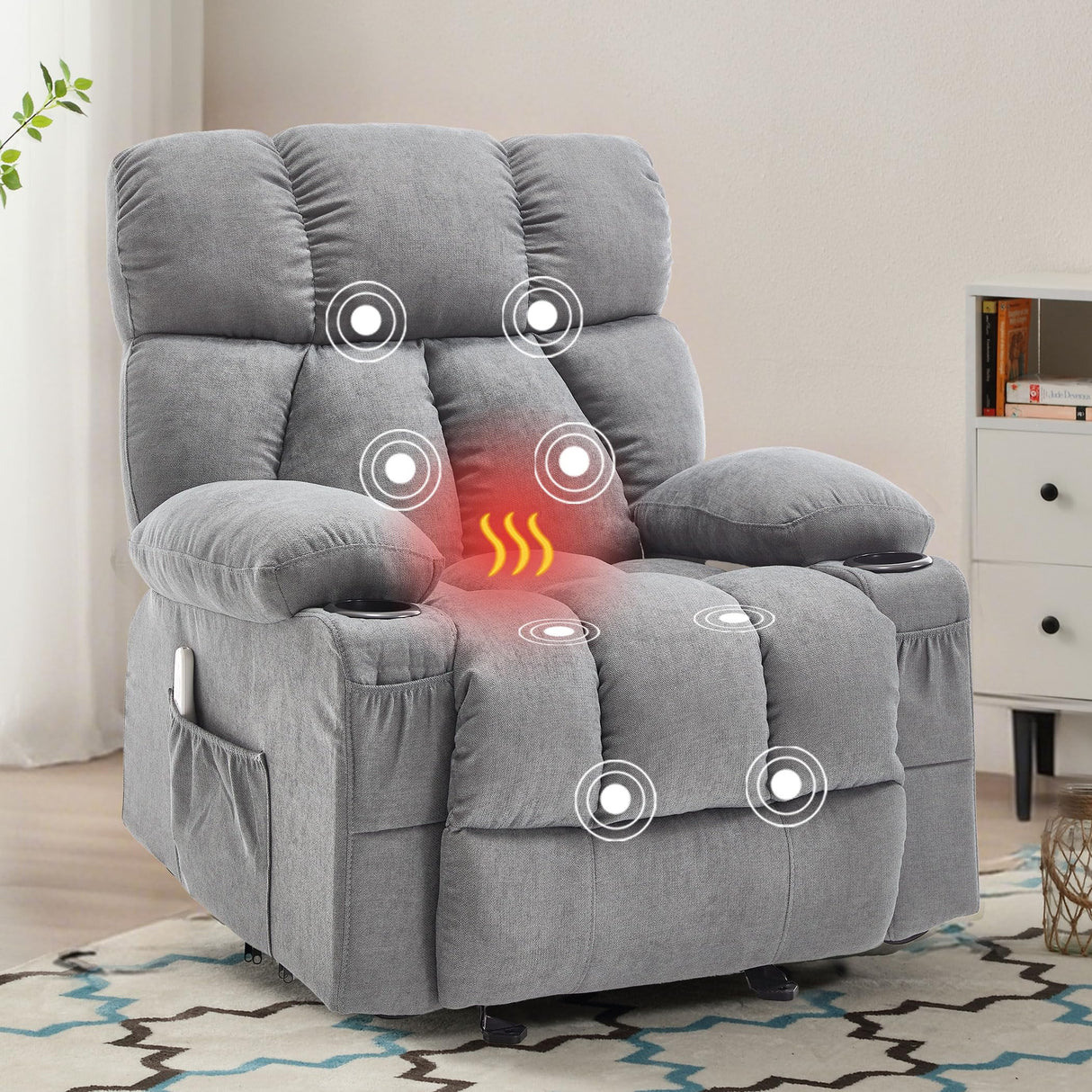 Massage Rocker Recliner Chair with Heat and Vibration Ergonomic Rocking Lounge Chair for Living Room Comfy Overstuffed Recliner with 4 Side Pockets,2 Cup Holders, USB Charge Port, Grey jonpony