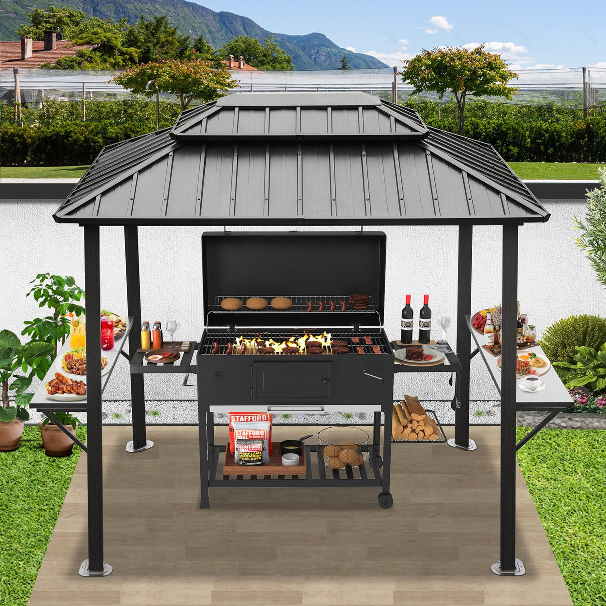 Domi 8’ x 6’ Grill Gazebo, Outdoor Aluminum BBQ Gazebo with 2 Side Shelves, Hardtop Double Roof Permanent Sun Shade with Ceiling Hooks for Patio Deck Yard Garden (Grey) domi outdoor living