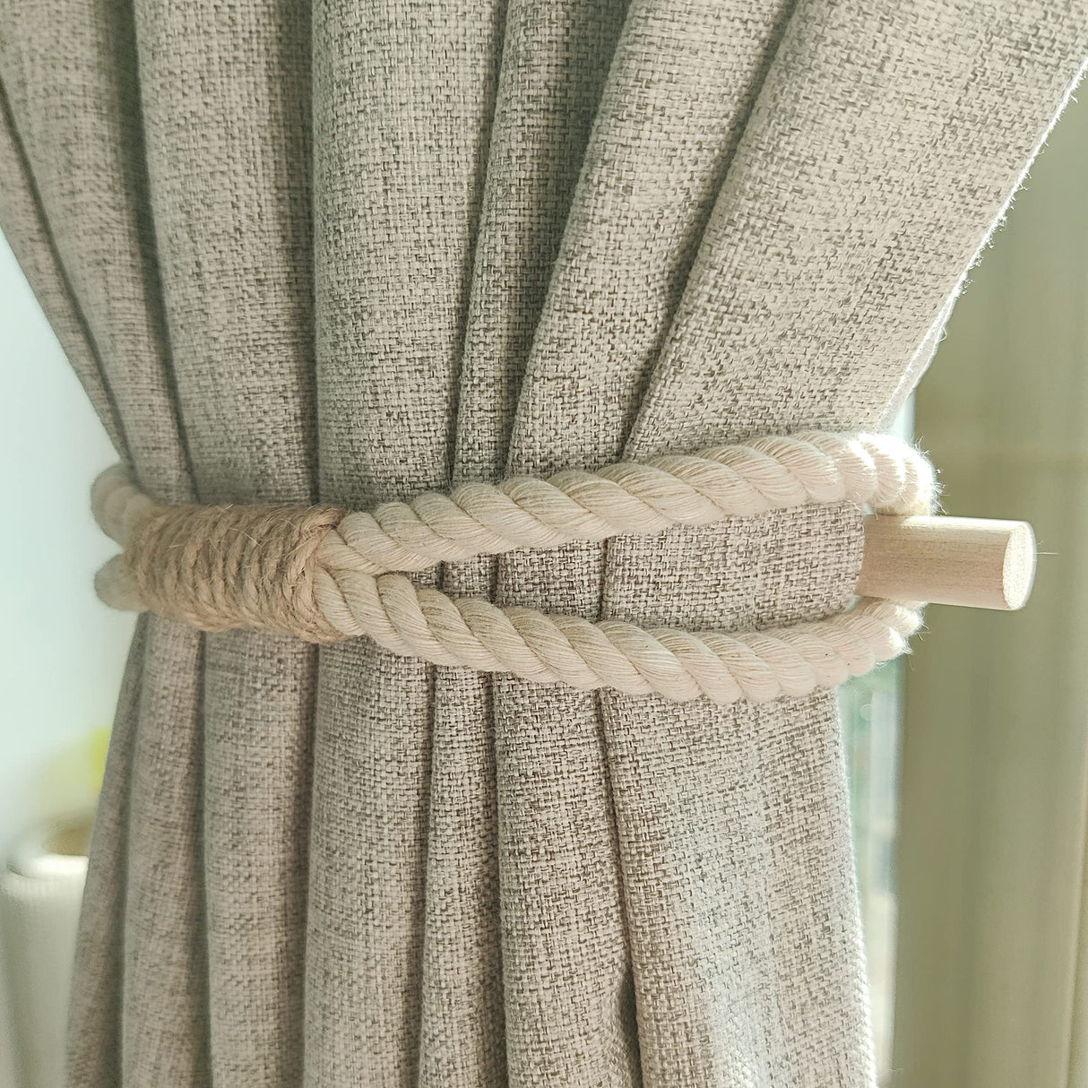 Curtain Holdbacks Boho Tiebacks for Drapes, Farmhouse Jute Rope Cotton Tie Backs with Rustic Wood Club, Curtain Accessories Holders for Indoor Outdoor Use, Set of 4 WARMTONE