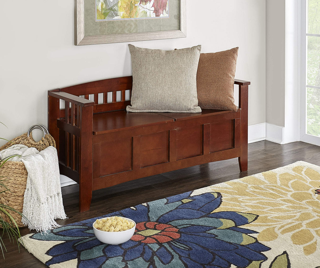 Linon Walnut Split Seat Storage Bench for Foyers and Mudrooms Linon