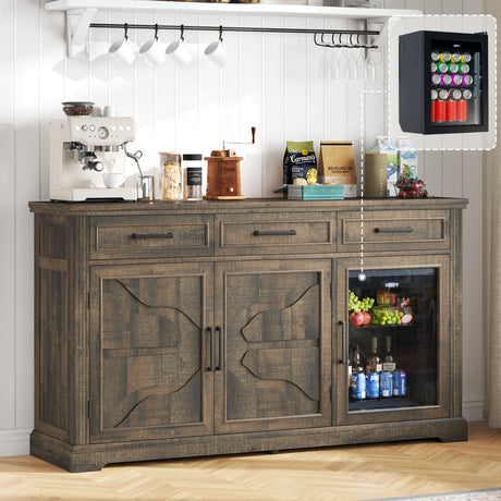 LUXOAK 60" Farmhouse Coffee Bar Cabinet with Beverage Fridge (Included), Wine Bar Cabinet with Drawer Storage, Mini Fridge Cabinet, Sideboard Cabinet for Dining Room, Living Room-Brown LUXOAK