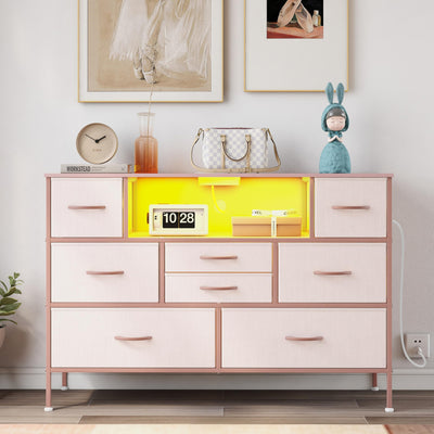 Simoretus Dresser with Charging Station and LED Light for Bedroom 8 Fabric Drawers Chest of Drawers with Power Outlet Storage Open Shelf for Living Room TV Stand Closet Hallway (Pink)