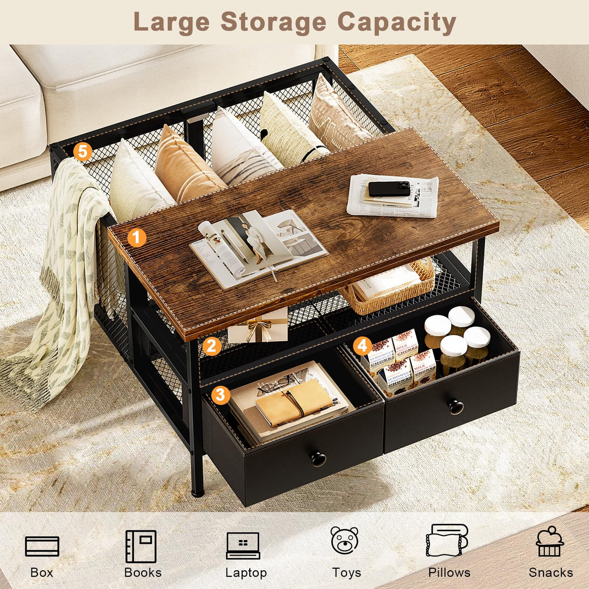 FABATO Flip Top Coffee Table, Square Coffee Tables Metal Wood, Farmhouse Lift Up Coffee Table Cocktail Table with Wire Mesh Barn Door and Storage, Steel Frame, Small Tea Table for Living Room, Black FABATO