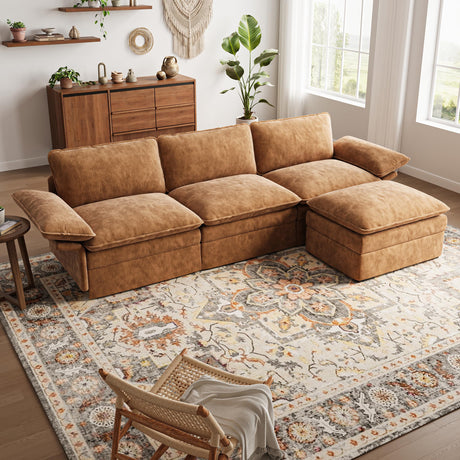 TROMIRY 110" Cloud Couch for Living Room Fluffy Comfy Couches for Apartment | 3 Seater Sectional Couch with Ottoman | Brown TROMIRY