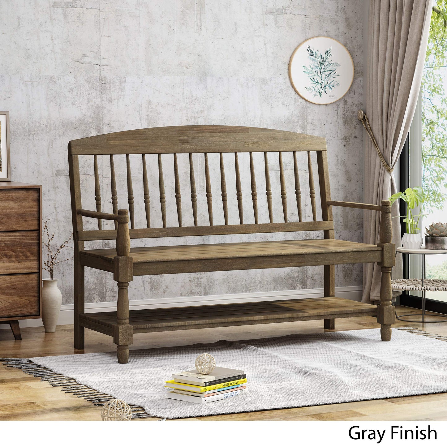 Christopher Knight Home Eddie Indoor Farmhouse Acacia Wood Bench with Shelf, Gray Finish - WoodArtSupply