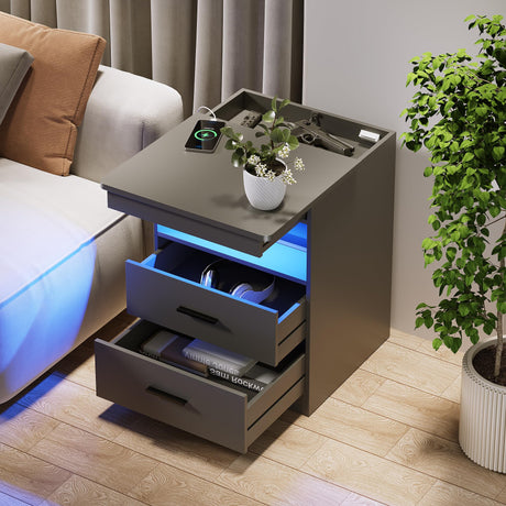 Nightstand with Gun Drawer Charging Bedside Table with USB & Type-C Port LED Night Stand with Human Sensor Design Modern End Table with Drawers for Bedroom Living Room Office, Grey FREDEES