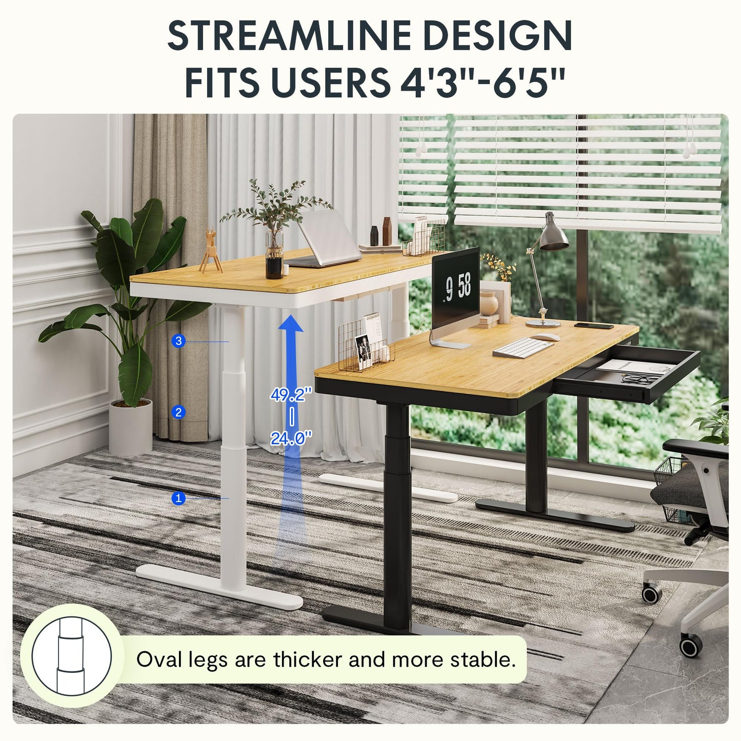 SANODESK Standing Desk with Drawer,Dual Motor 3 Stage Electric Height Adjustable Home Office Desk with Storage & Wireless Charging, 55 inch Bamboo Tabletop/Black Frame