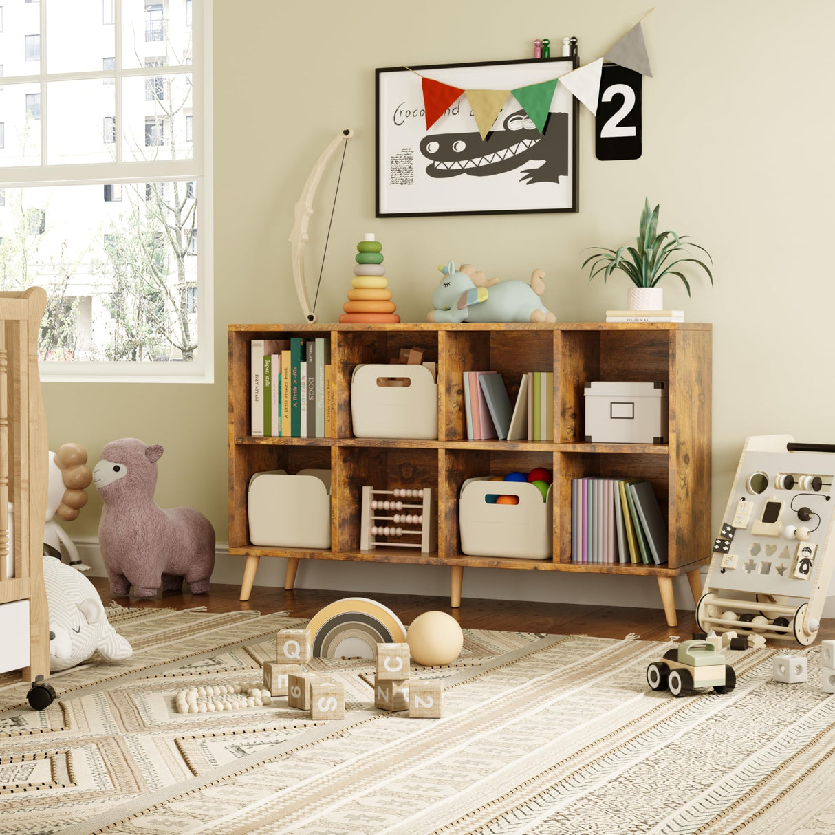 8-Cube Bookshelf 2 Tier Retro Bookcase with Legs, 11in Shelf Opening, 47" Wood Bookshelves Storage Organizer Shelf, Freestanding Open Book Shelves for Bedroom Living Room Office, Rustic Brown Flrrtenv