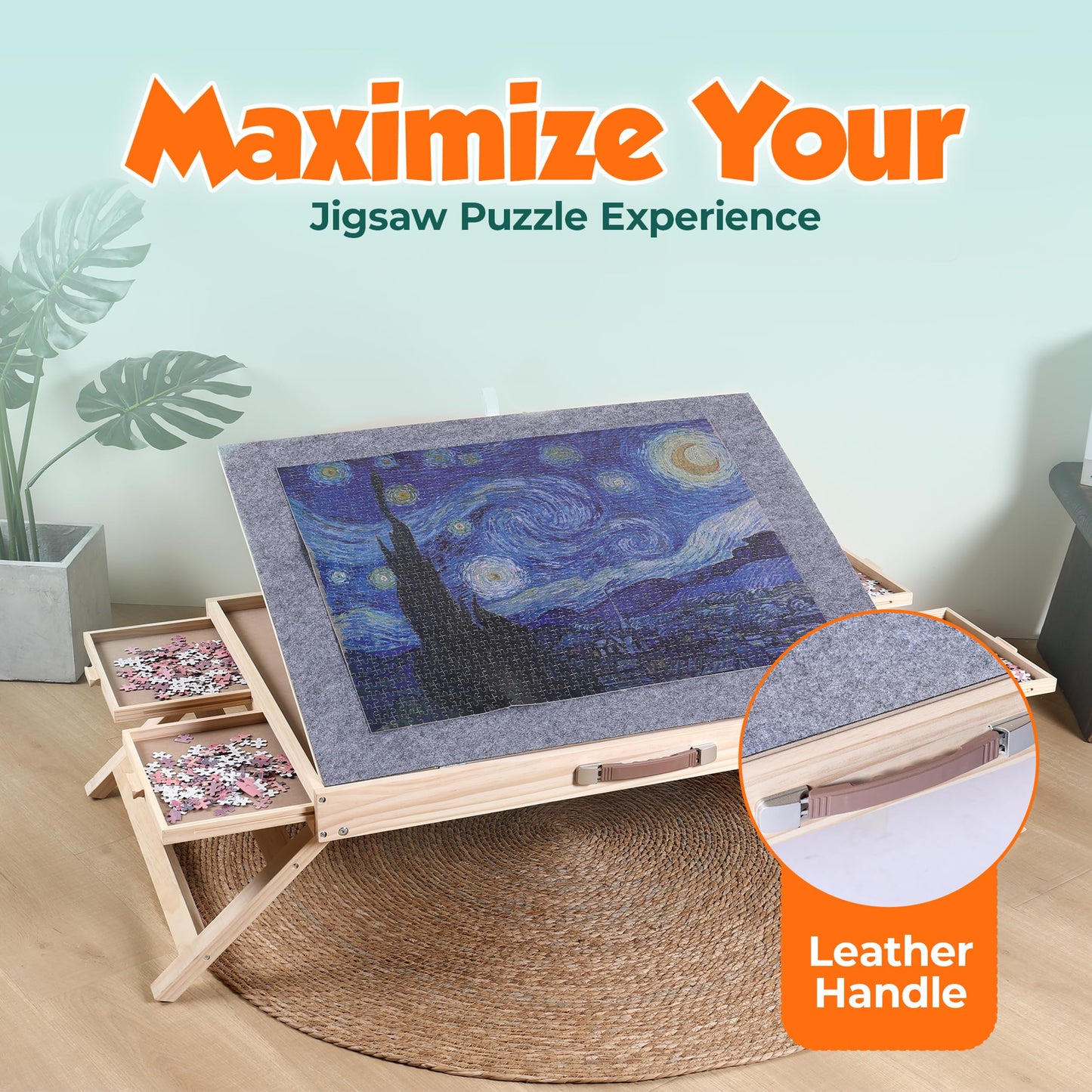 1500 Piece Jigsaw Puzzle Board - Wooden Puzzle Table with Cover - 3-Tilting-Angle Adjustable and 4 Drawers - 34” X 25” Jigsaw Puzzle Board Portable and Felted Anti-Skid Surface