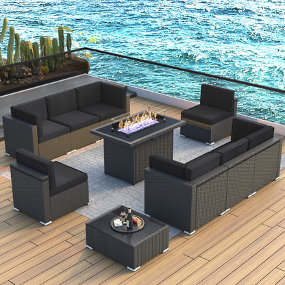 LayinSun 10 Piece Patio Furniture Set with 44" Propane Gas Fire Pit Table, Outdoor Sectional Conversation Set Wicker Rattan Sofa Set with Coffee Table - WoodArtSupply