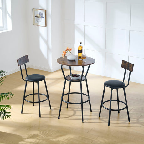 Rustic Brown Round Bar Table And Stool Set With Shelf, Upholstered Stool With Backrest - Antique Brown HouseOfZazla