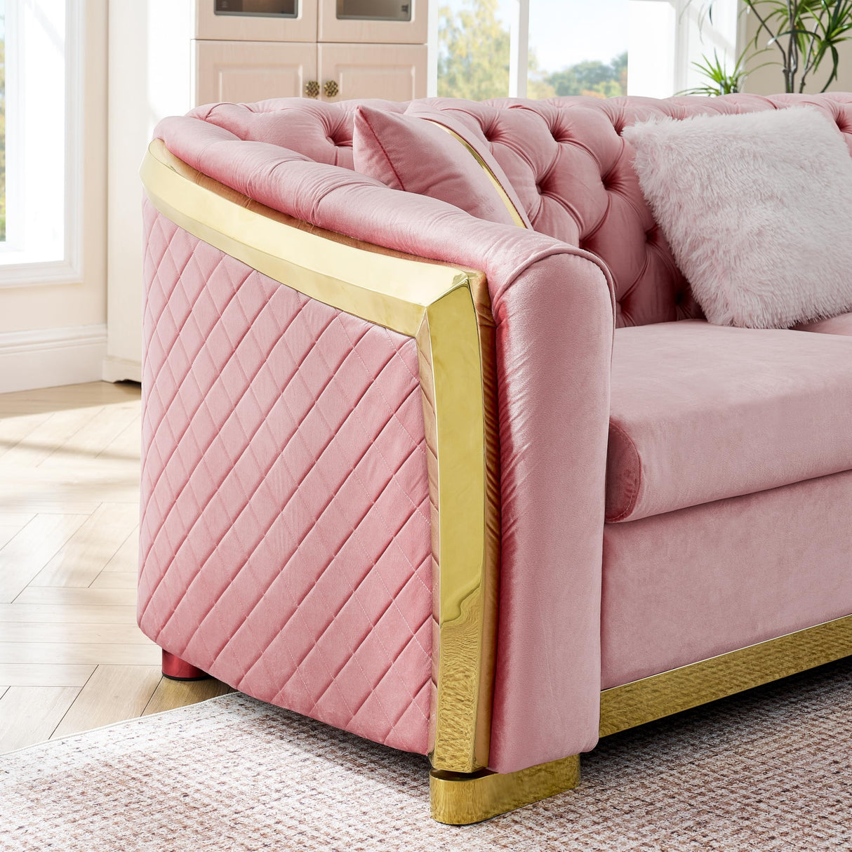 KEIKI 106" L-Shaped Luxury Velvet Chesterfield Sectional Sofa with Gold Stainless Steel Accents and 5 Pillows, Mid-Century Oversized 5-Seater Button Tufted Couch, Easy Assembly, for Living Room, Pink KEIKI