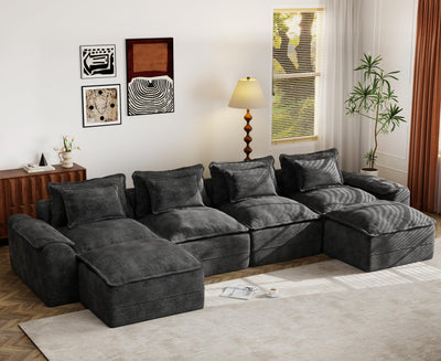 Hobestluk 152" Cloud Modular Sectional Couch 4-Seater Sofa with Ottomans U Shaped Couch Deep Seat Sofa with Removable Cover for Living Room (Dark Grey, 4-Seater Sofa with Two Ottomans)