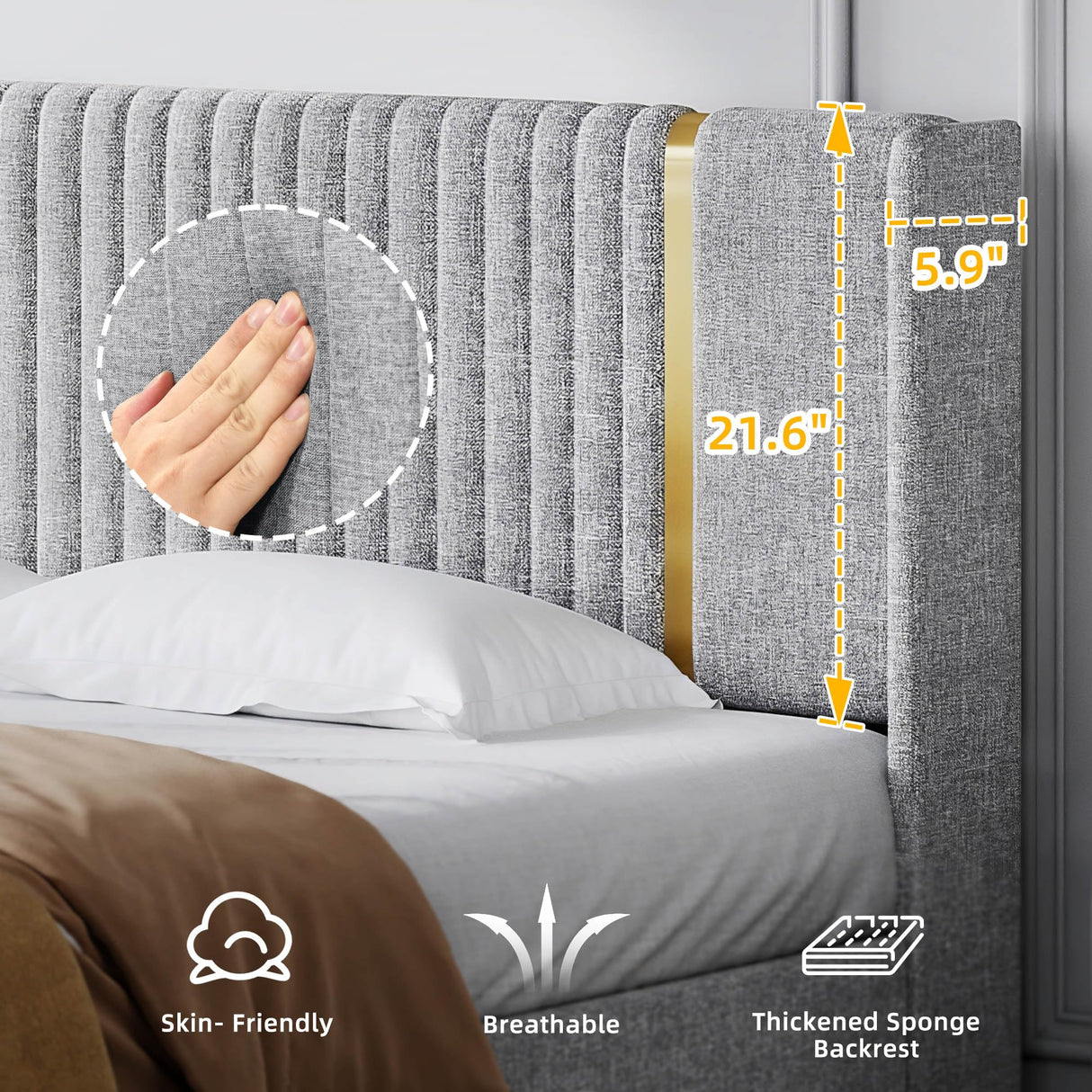 YITAHOME Modern Upholstered Full Size Bed Frame with Storage Drawers and Elegant Wingback Headboard in Grey and Gold YITAHOME
