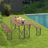 Tangkula 3 Piece Picnic Table Bench Set, Outdoor Acacia Wood Picnic Table with 2 Benches, 2-Inch Umbrella Hole, Heavy-Duty Metal Frame, Space-Saving Outside Table and Bench Set for Backyard, Patio Tangkula