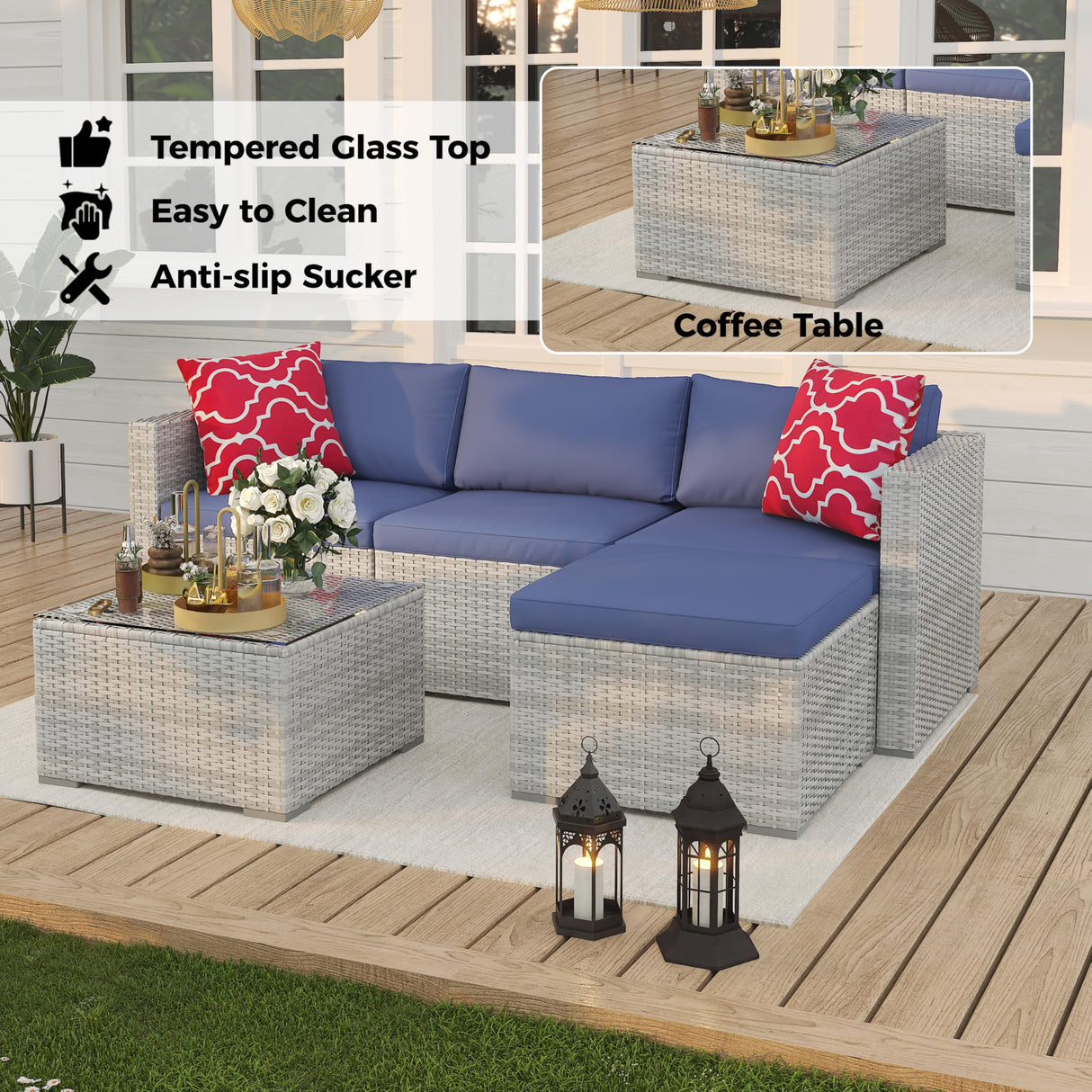 5 Piece Outdoor Patio Furniture Set, Rattan Deck Conversation Sofa Set with Non-Slip Cushions, All-Weather Sectional Sofa with Glass Storage Table and Balcony Footstool, Poolside, Garden, Porch, Gray GAOMON