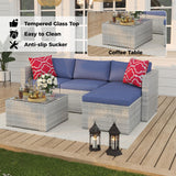 5 Piece Outdoor Patio Furniture Set, Rattan Deck Conversation Sofa Set with Non-Slip Cushions, All-Weather Sectional Sofa with Glass Storage Table and Balcony Footstool, Poolside, Garden, Porch, Gray GAOMON