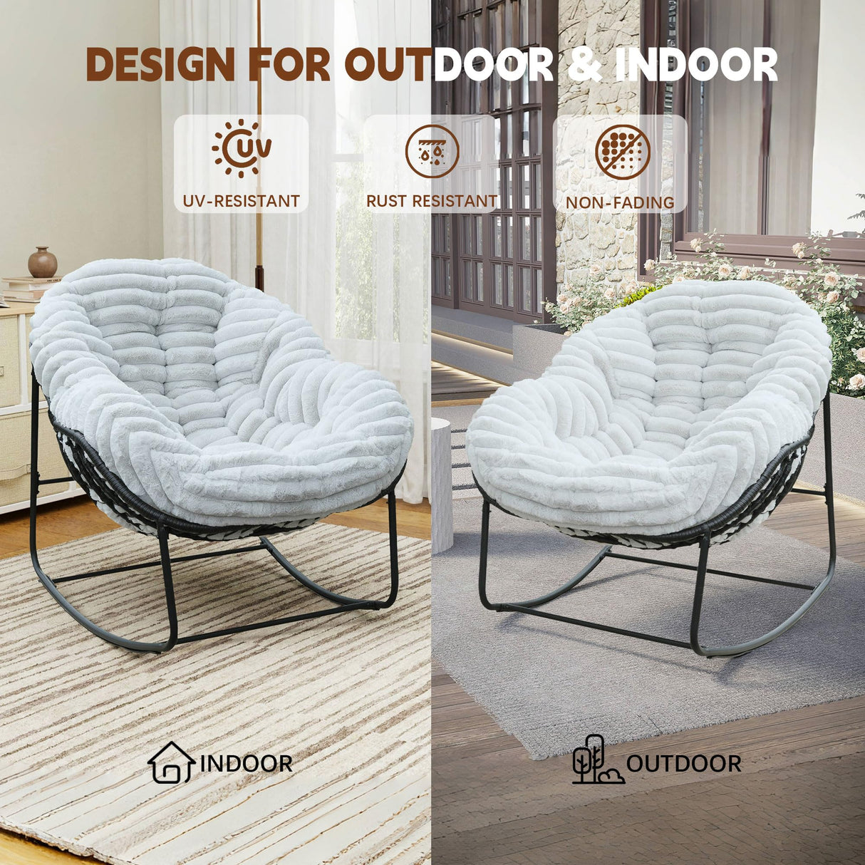 Naga Bahna Outdoor Rocking Chair, Patio Wicker Egg Chair, Indoor Comfy Oversized Papasan Chair with Padded Cushion, Royal Rattan Rocker for Front Porch, Garden, Patio (Light Grey) Naga Bahna