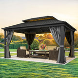 DWVO 12x16ft Gazebo Double Roof Hardtop with Nettings and Curtains, Heavy Duty Galvanized Steel Outdoor Vertical Stripes Roof for Patio, Backyard, Deck, Lawns, Grey DWVO