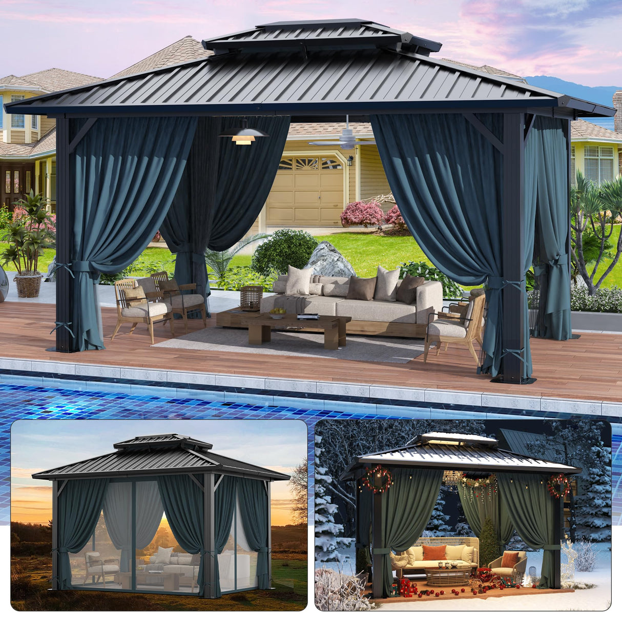 HOTEEL 10x12 Hardtop Gazebo Hot Tub Gazebo with Flame-Retardant Curtain Netting, Heavy Duty Pavilion with Galvanized Steel Double Roof, Aluminum Frame Outdoor Canopy for Patio and Party (Upgraded 3.0) Hoteel