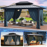 HOTEEL 10x12 Hardtop Gazebo Hot Tub Gazebo with Flame-Retardant Curtain Netting, Heavy Duty Pavilion with Galvanized Steel Double Roof, Aluminum Frame Outdoor Canopy for Patio and Party (Upgraded 3.0) Hoteel