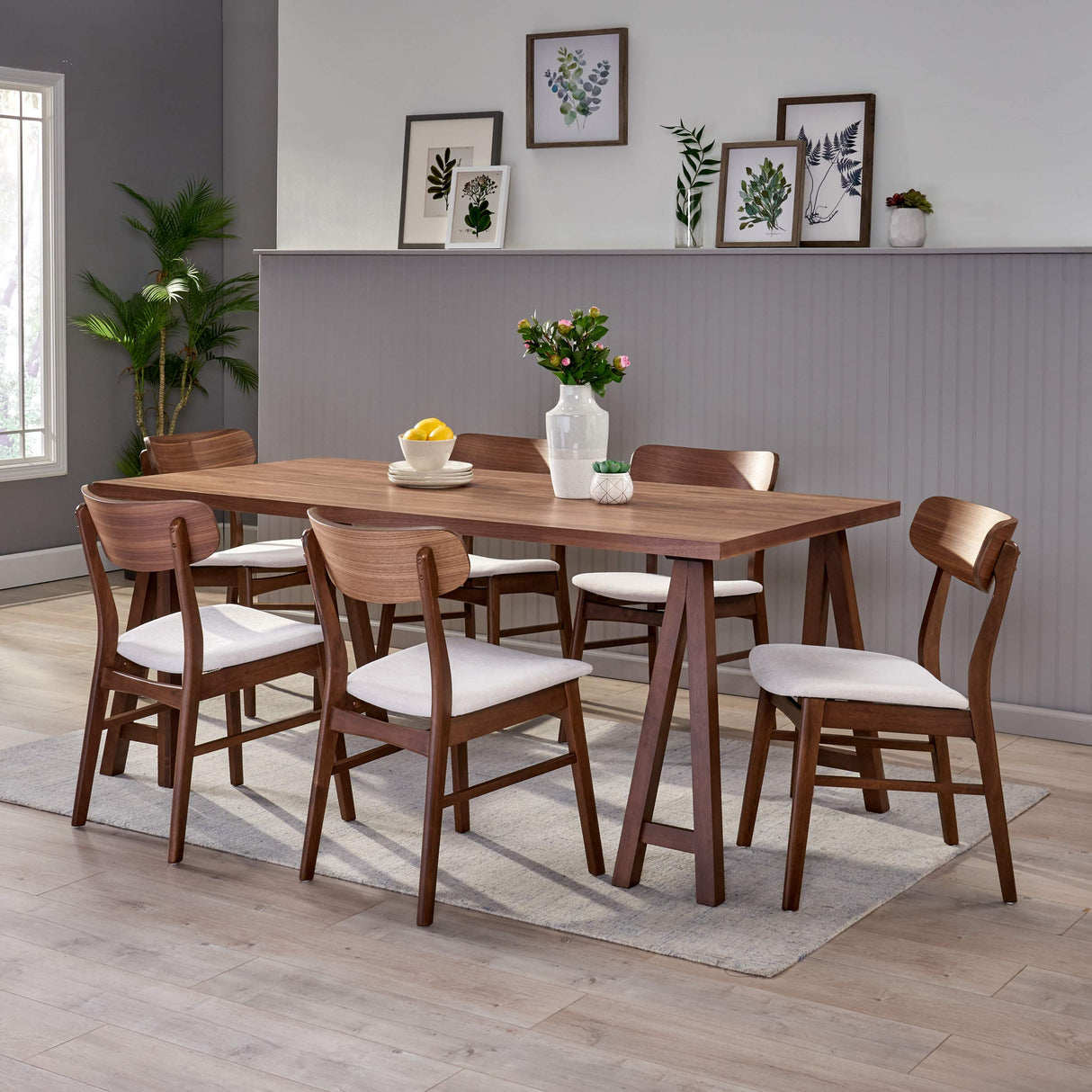 Christopher Knight Home Anthony Mid-Century Modern 7 Piece Dining Set, Light Beige and Walnut Christopher Knight Home