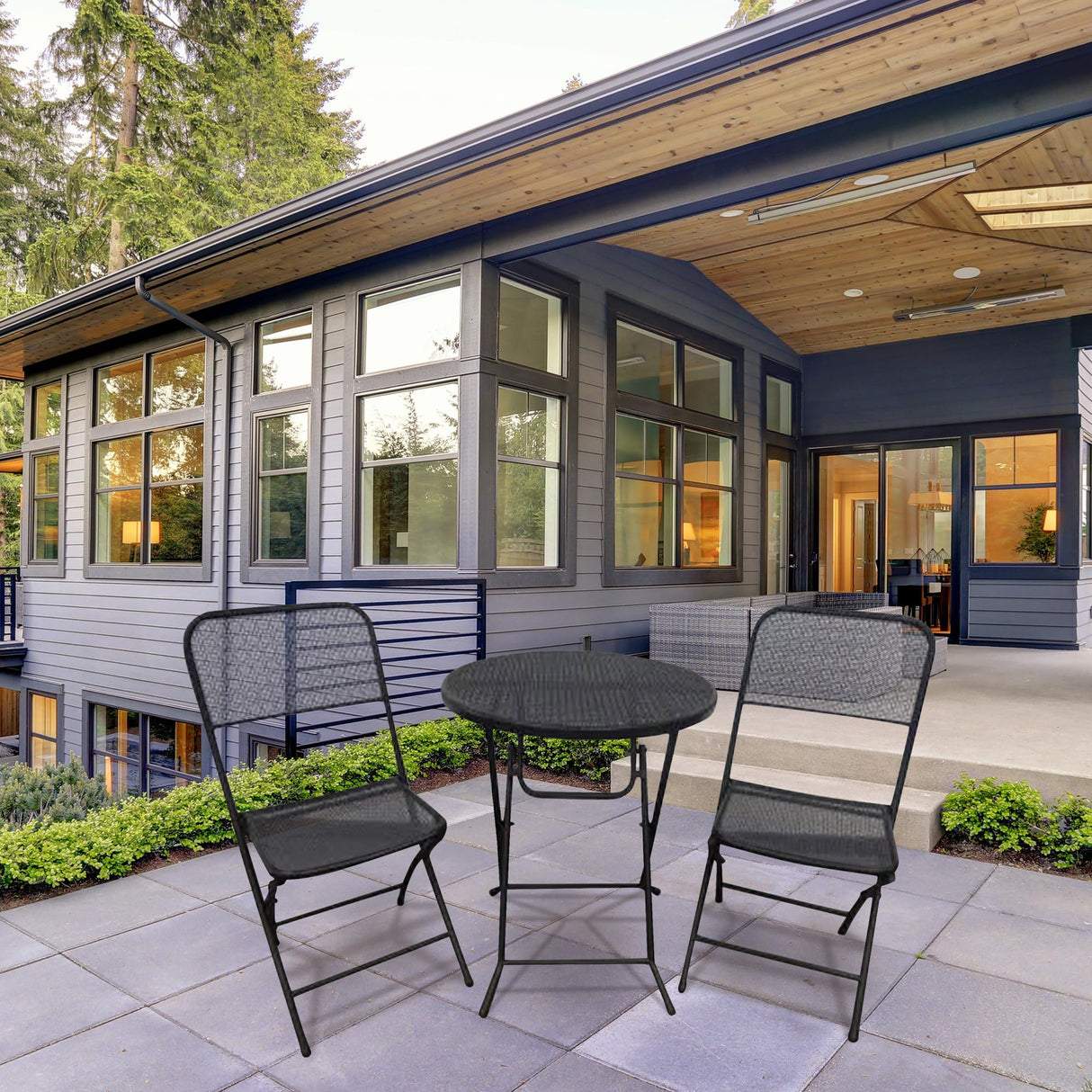 Four Seasons Courtyard Padova 3 Piece Bistro Outdoor Backyard Dining Set with 2 Folding Chairs and Round Table Furniture for Patios or Decks, Black Four Seasons Courtyard