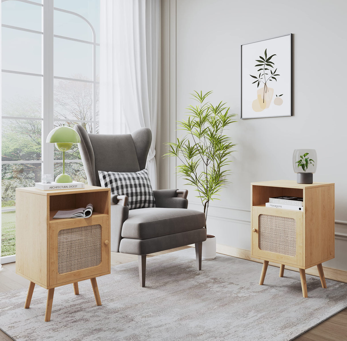 Buytime Nightstands Set of 2 with Charging Station, Boho Bedside Tables with Solid Wood Feet, Mid Century Side Table with Rattan Decorated Drawer, End Table with Storage for Bedroom, Natural, 2 Pack Buytime