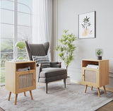 Buytime Nightstands Set of 2 with Charging Station, Boho Bedside Tables with Solid Wood Feet, Mid Century Side Table with Rattan Decorated Drawer, End Table with Storage for Bedroom, Natural, 2 Pack Buytime