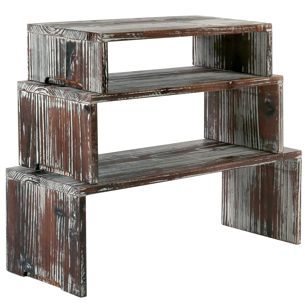 MyGift 3-Tier Rustic Torched Wood Dessert Display Risers, Tabletop Nesting Cupcake Stands, Retail Merchandise and Collectible Figurine Shelf, 3 Piece Set MyGift